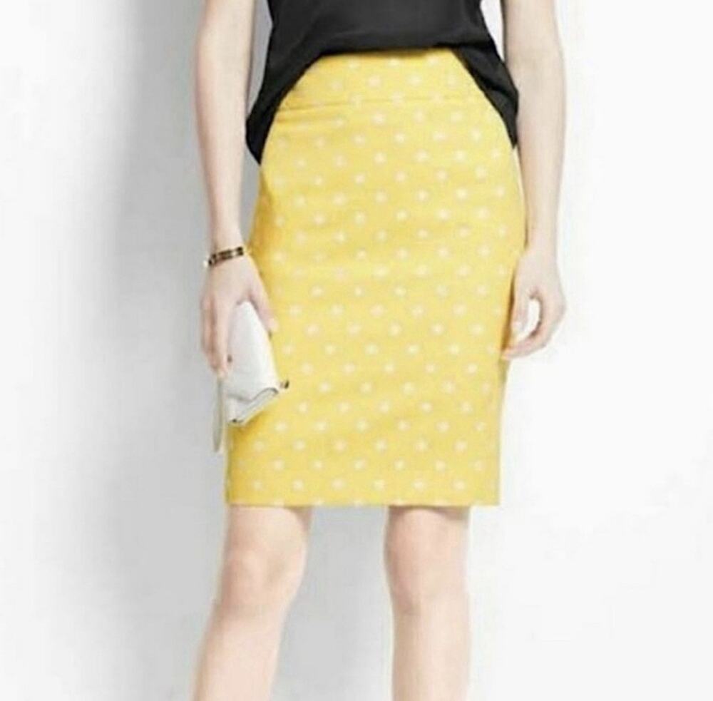 Ann Taylor Polka Dot Pencil Skirt Women's Size 16 Yellow Lined Retro Office